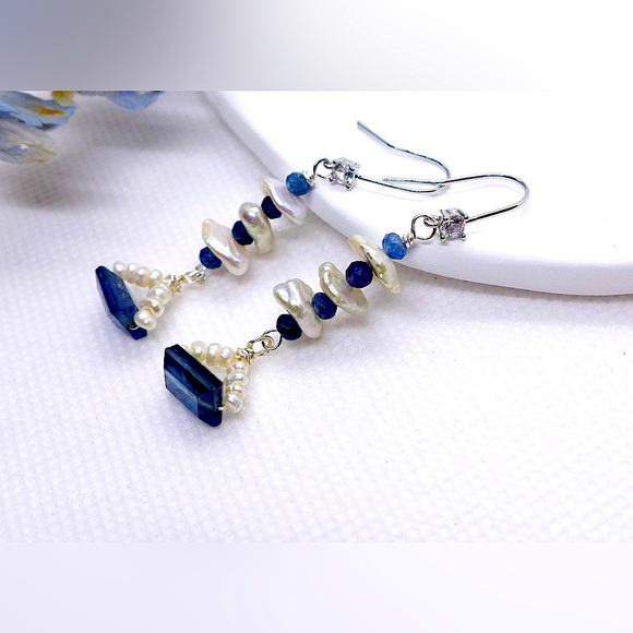 Natural Kyanite & Baroque Pearl Earrings,White Gold Filled Zircon Hook Earrings - Picture 1 of 5